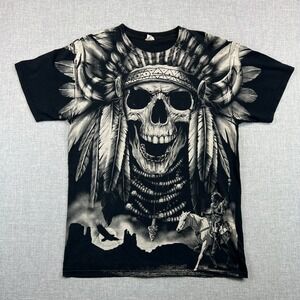 Fruit of the Loom Skull Indian Chief‎ Graphic T Shirt Mens Medium Black Native
